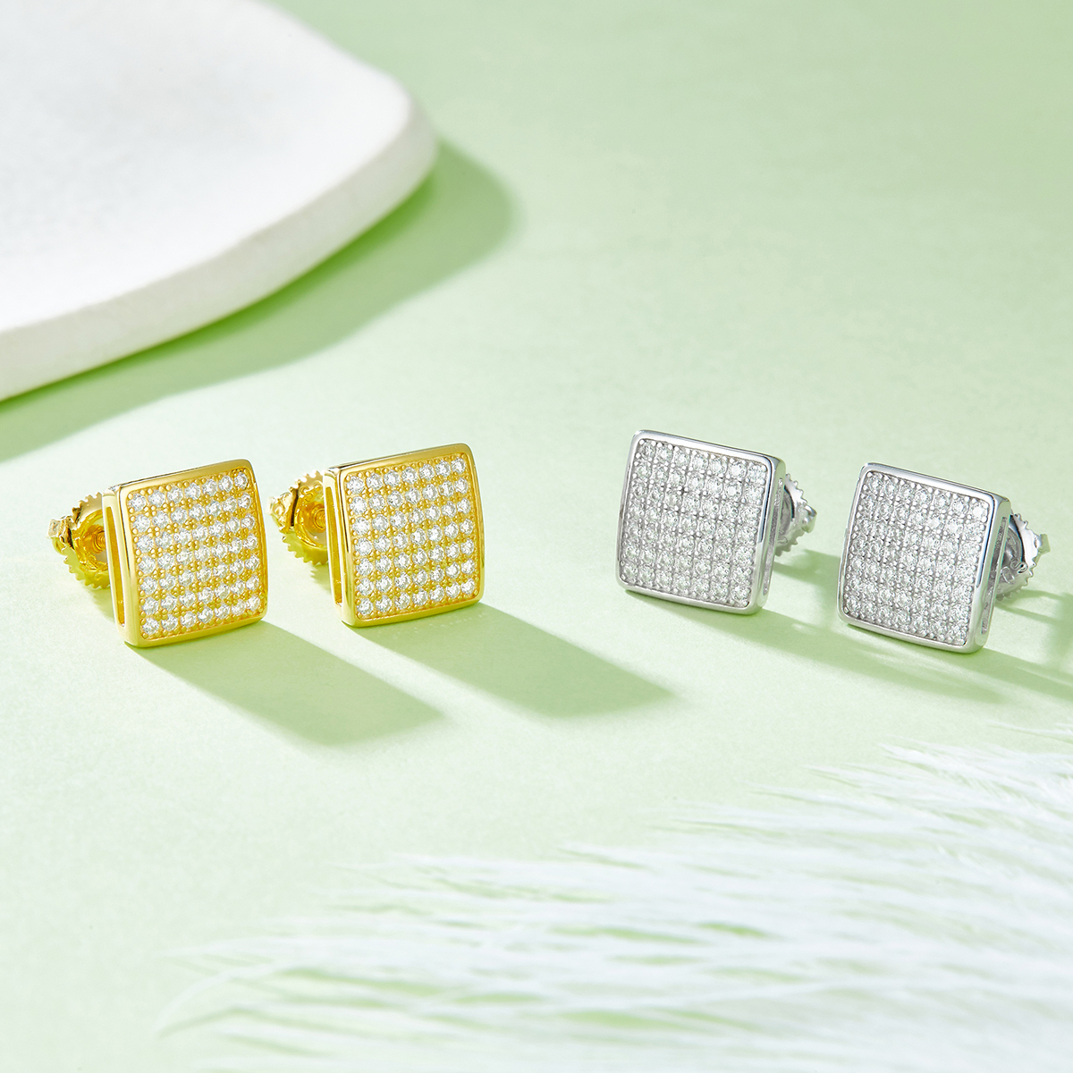 J016A Square Cabochon S925 Silver Earrings with Thread, Moissanite & D-Colour 0.59ct Diamond