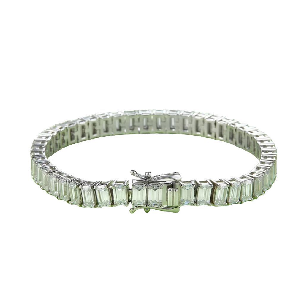 UWQD Rectangular-Cut Stone Inlaid Tennis Chain, S925 Silver Plated with White Gold Bracelet, 0.5CT D-VVS Grade Moissanite per Piece