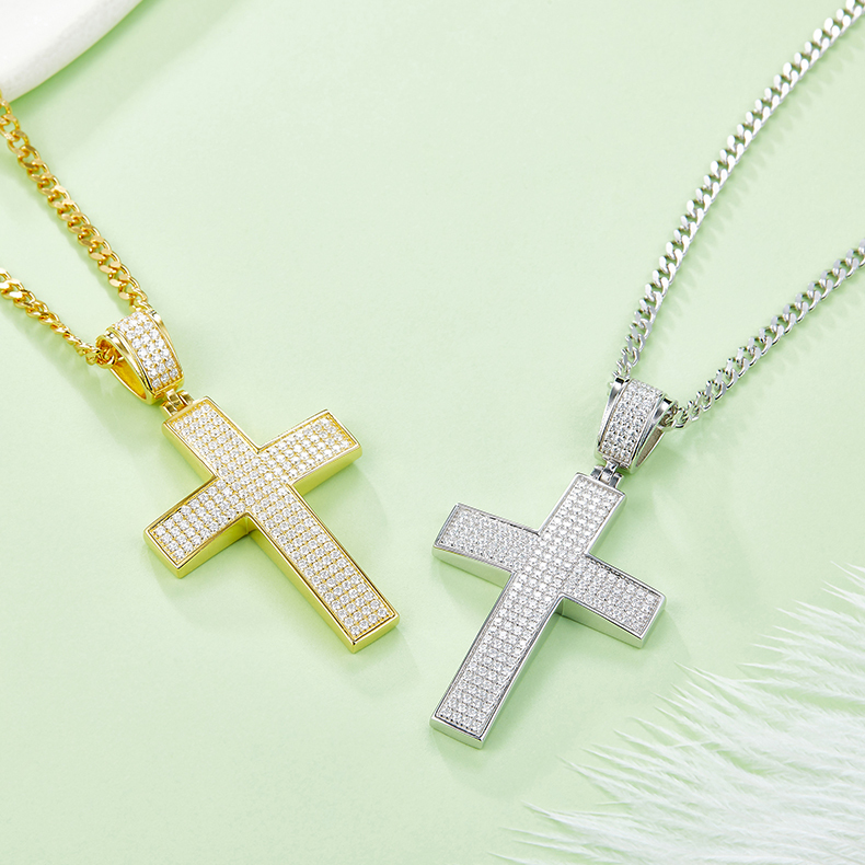 J004A Classic Pave-Set Cross Necklace, S925 Silver Pendant with D-Grade Moissanite Meelee Stones