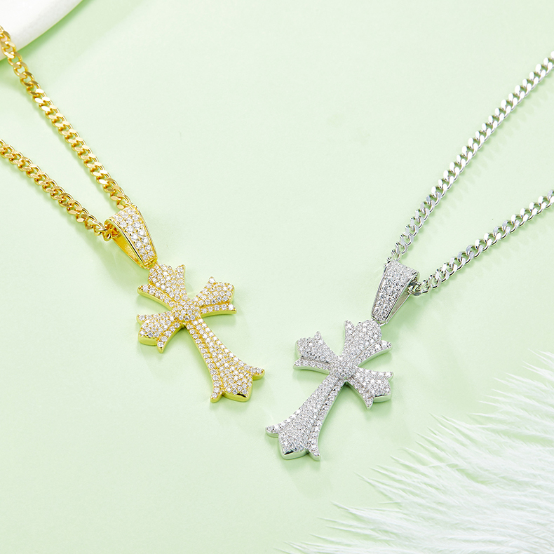 J006A Vintage Pave-Set Cross Necklace, S925 Silver Pendant with D-Grade Moissanite Meelee Stones