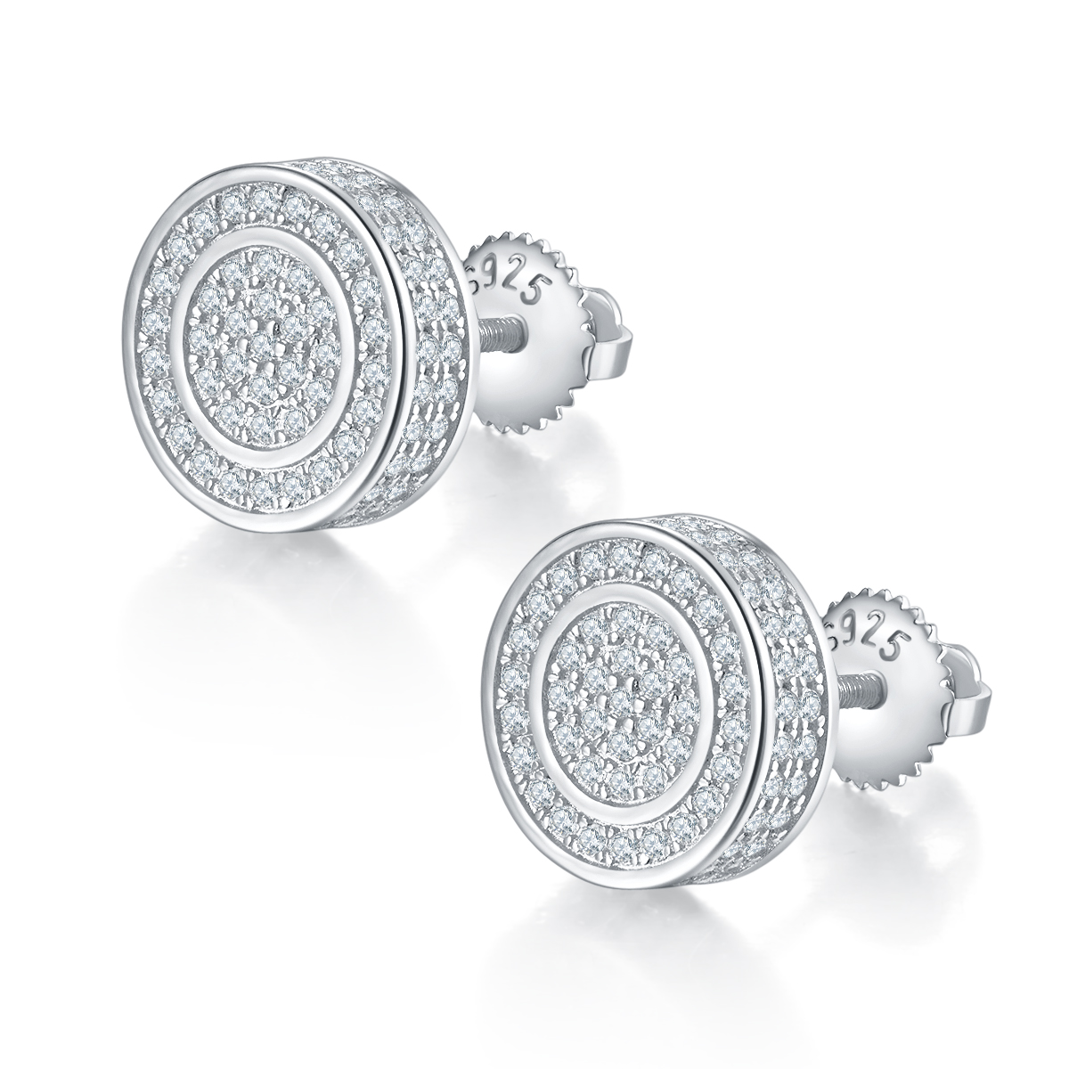 J013A Round Double-Ring S925 Silver Earrings with Thread, Moissanite & D-Colour 0.95ct Diamond