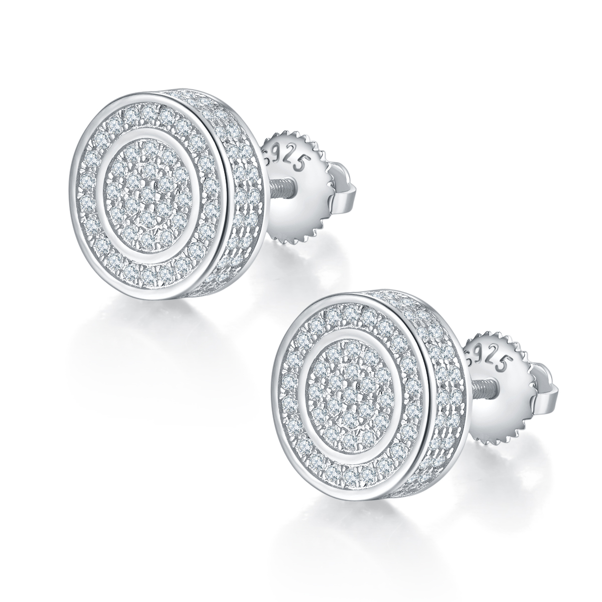 J013A Round Double-Ring S925 Silver Earrings with Thread, Moissanite & D-Colour 0.95ct Diamond