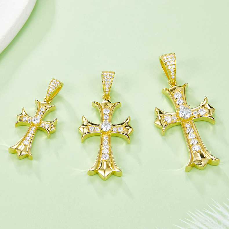 J003C Vintage Cross Necklace, S925 Silver Pendant with 5.0mm D-Grade Moissanite