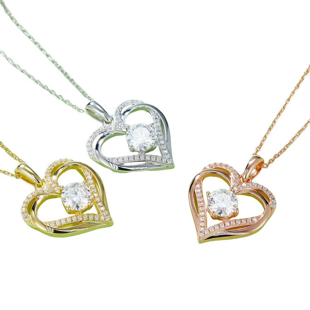 K032A Round Heart Pendant, S925 Silver, D-Grade 1.2ct Moissanite