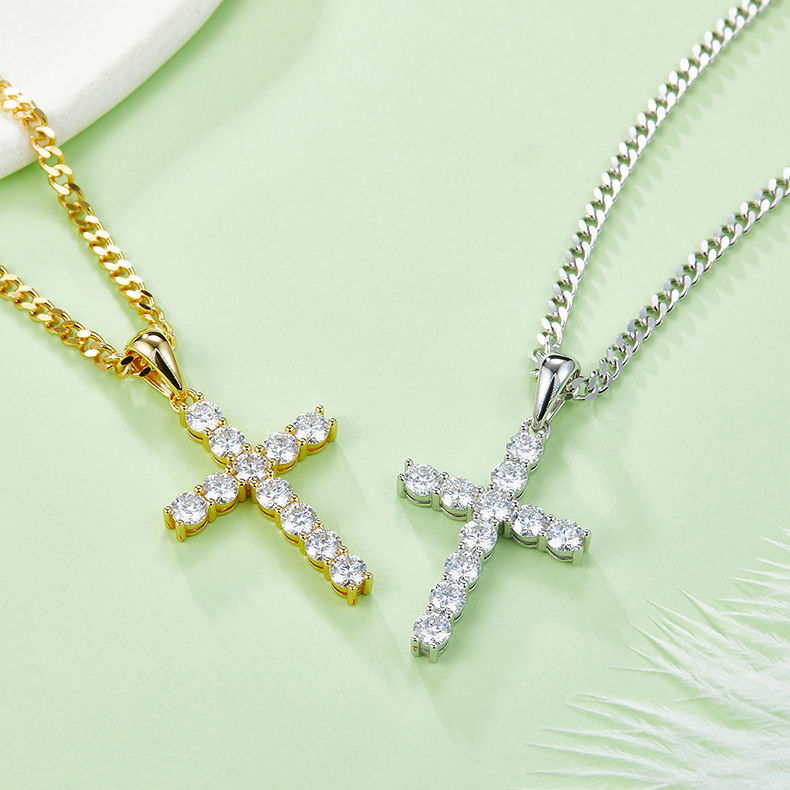 J001B Classic Cross Necklace, S925 Silver Pendant with 4.0mm D-Grade Moissanite