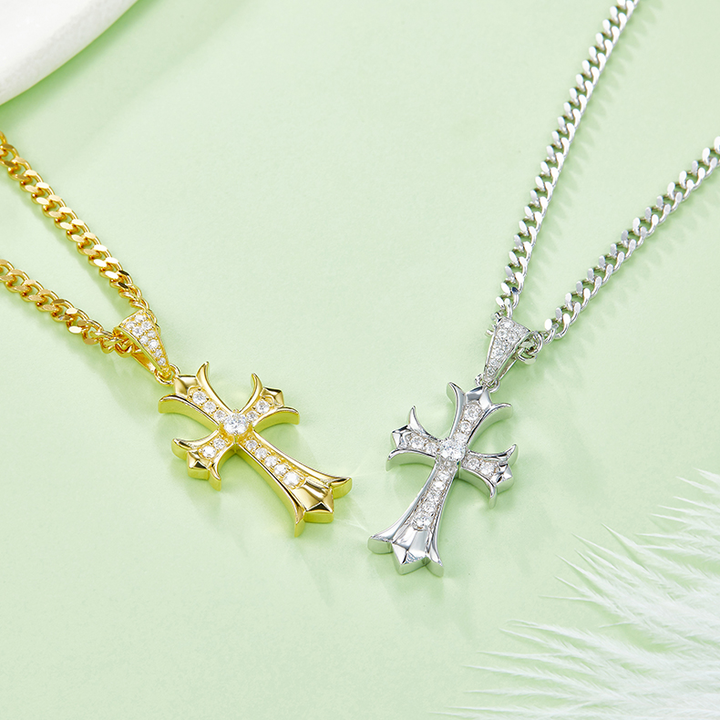 J003A Vintage Cross Necklace, S925 Silver Pendant with 3.0mm D-Grade Moissanite