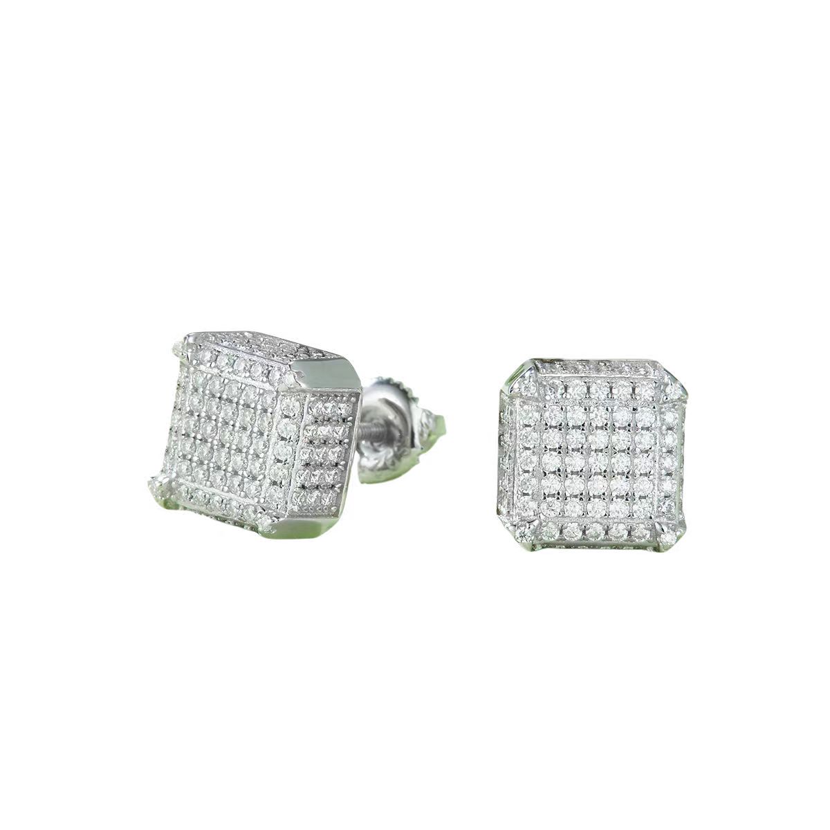 J020A Square Side-Set S925 Silver Earrings with Thread, Moissanite & D-Colour 1.0ct Diamond