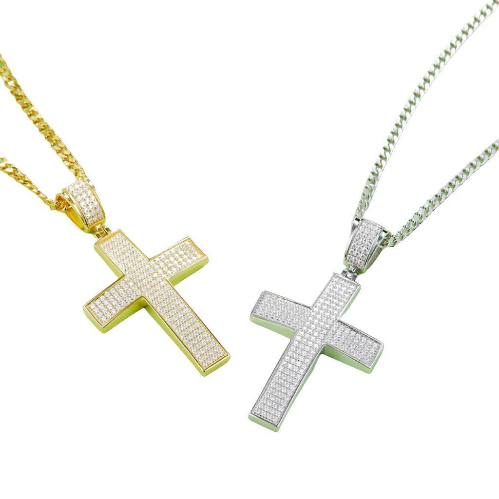 J004A Classic Pave-Set Cross Necklace, S925 Silver Pendant with D-Grade Moissanite Meelee Stones