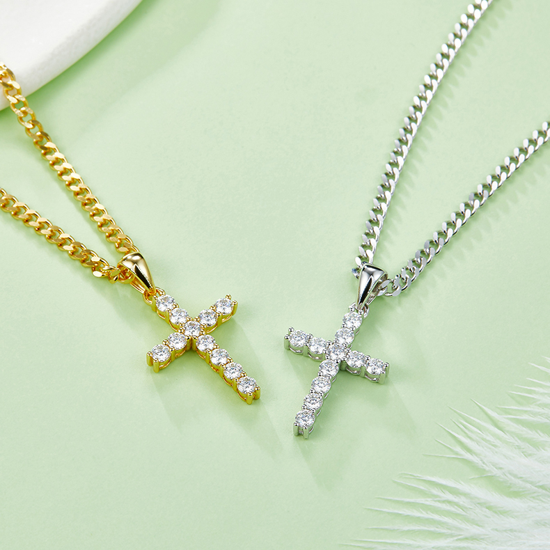 J001A Classic Cross Necklace, S925 Silver Pendant with 3.0mm D-Grade Moissanite
