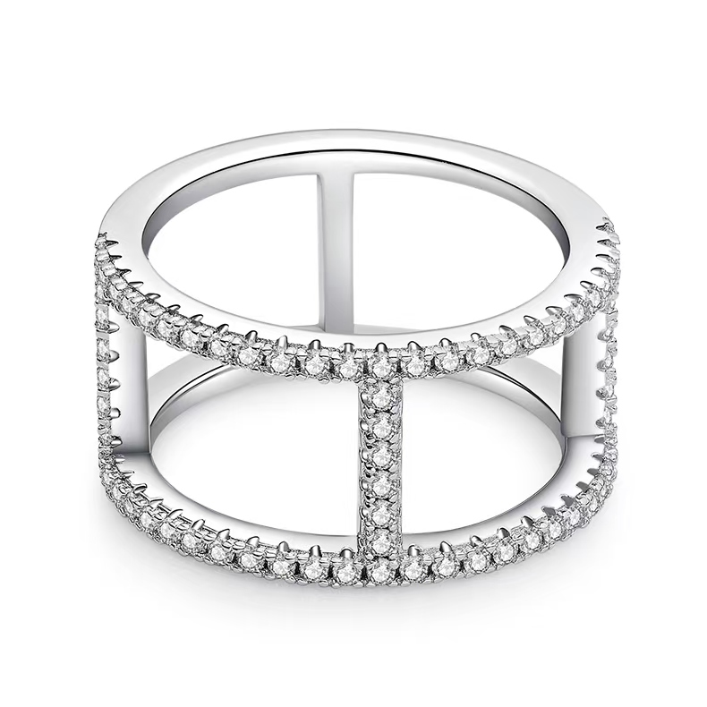  M53A I-Shape Guard Ring, S925 Silver Plated with White Gold, Moissanite Accent Stones