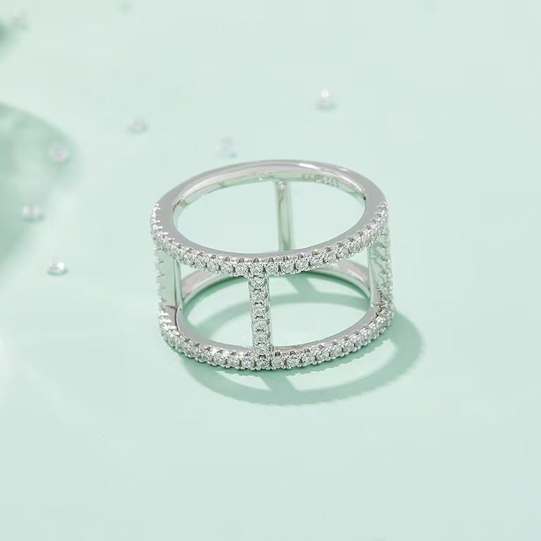  M53A I-Shape Guard Ring, S925 Silver Plated with White Gold, Moissanite Accent Stones