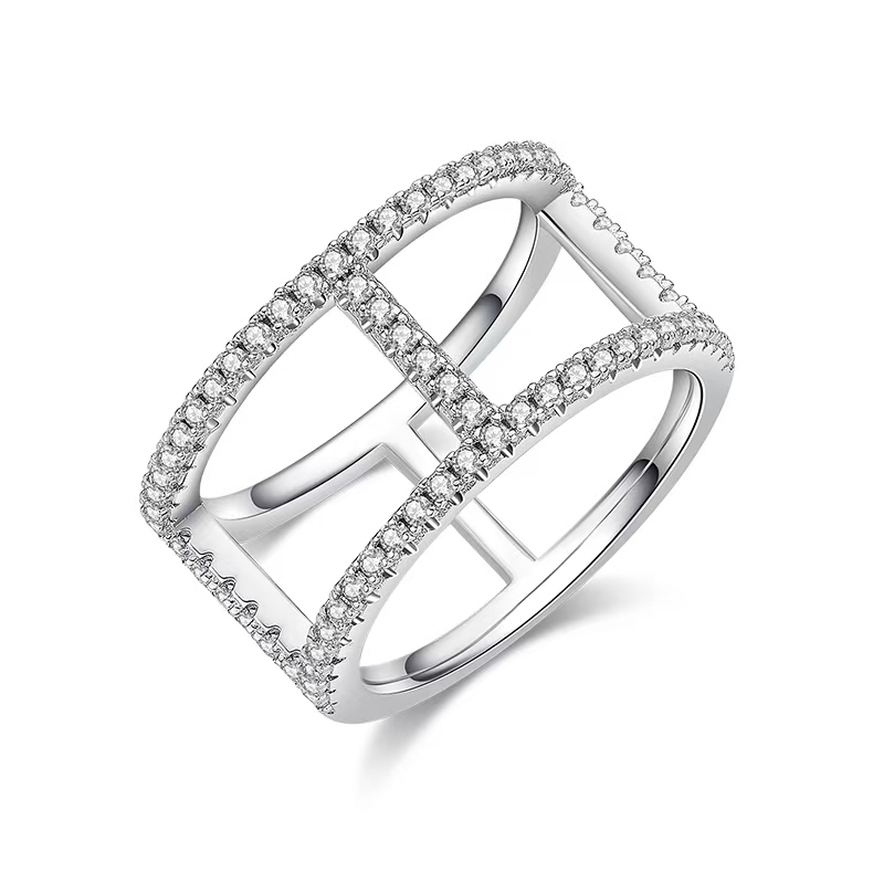 M53A I-Shape Guard Ring, S925 Silver Plated with White Gold, Moissanite Accent Stones