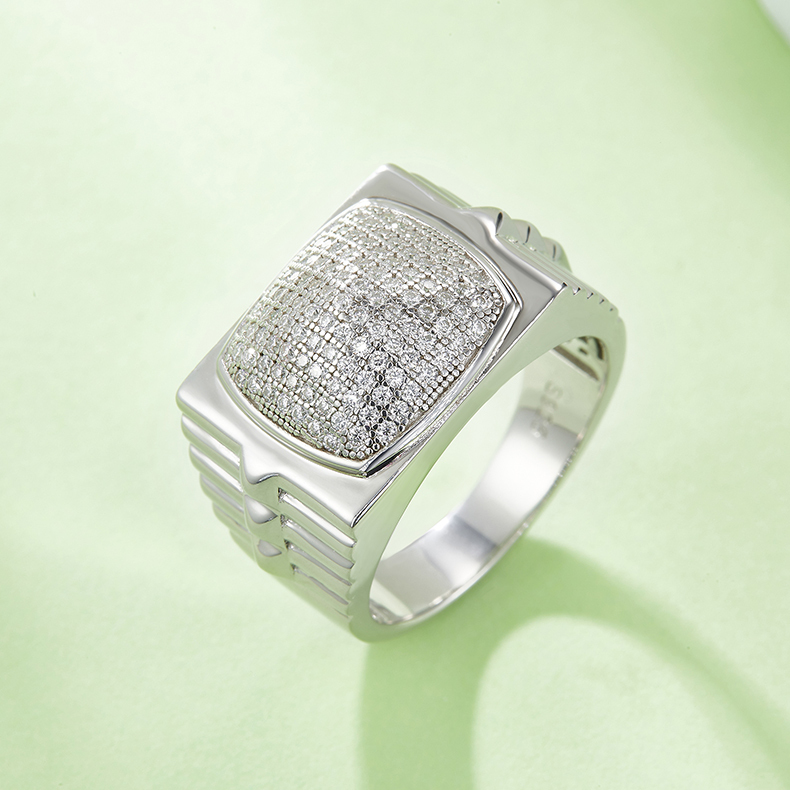 M86B Heavy Inlay S925 Silver Plated White Gold Moissanite Men's Ring, D-Grade Diamond, 70 Points