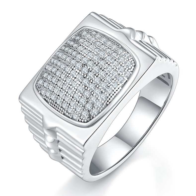 M86B Heavy Inlay S925 Silver Plated White Gold Moissanite Men's Ring, D-Grade Diamond, 70 Points