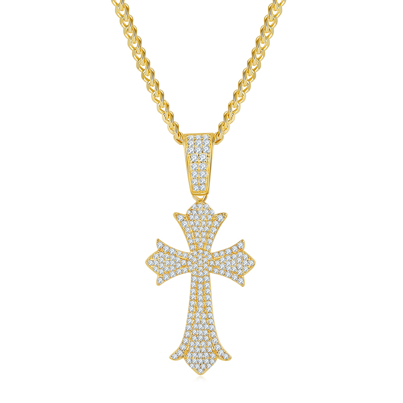 J006A Vintage Pave-Set Cross Necklace, S925 Silver Pendant with D-Grade Moissanite Meelee Stones