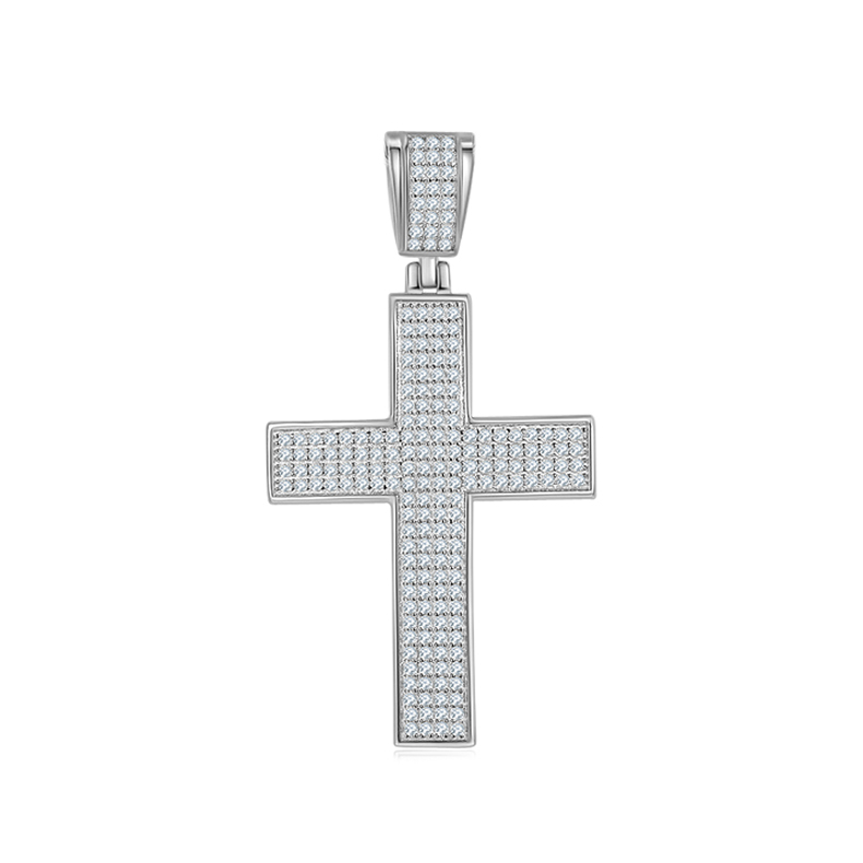 J004A Classic Pave-Set Cross Necklace, S925 Silver Pendant with D-Grade Moissanite Meelee Stones
