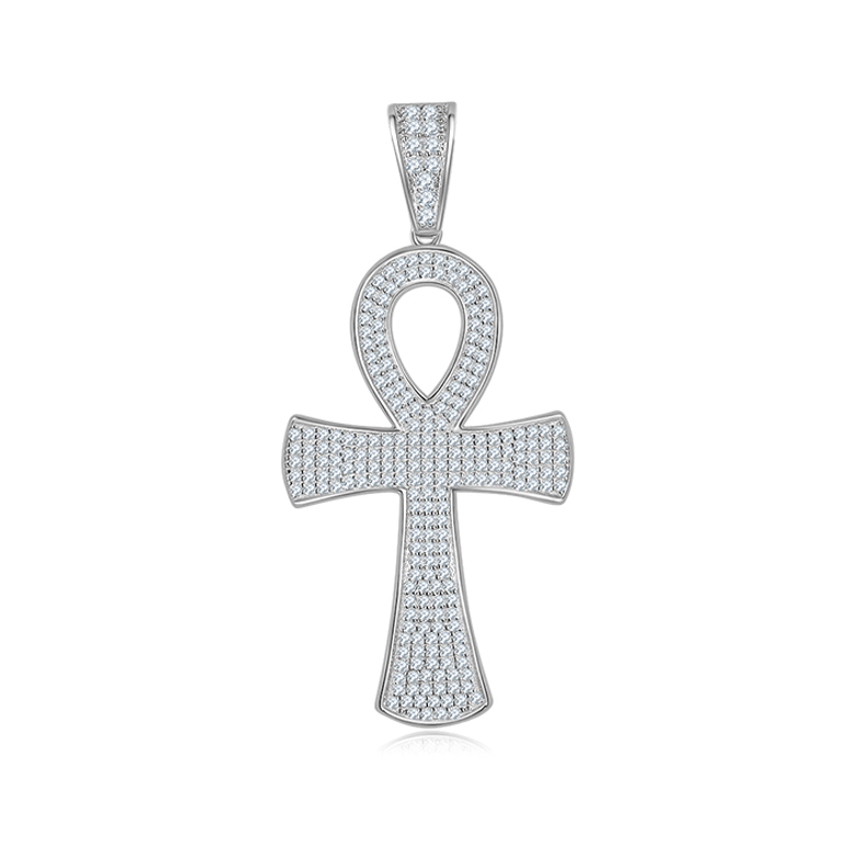 J005A Fashionable Pave-Set Cross Necklace, S925 Silver Pendant with D-Grade Moissanite Meelee Stones