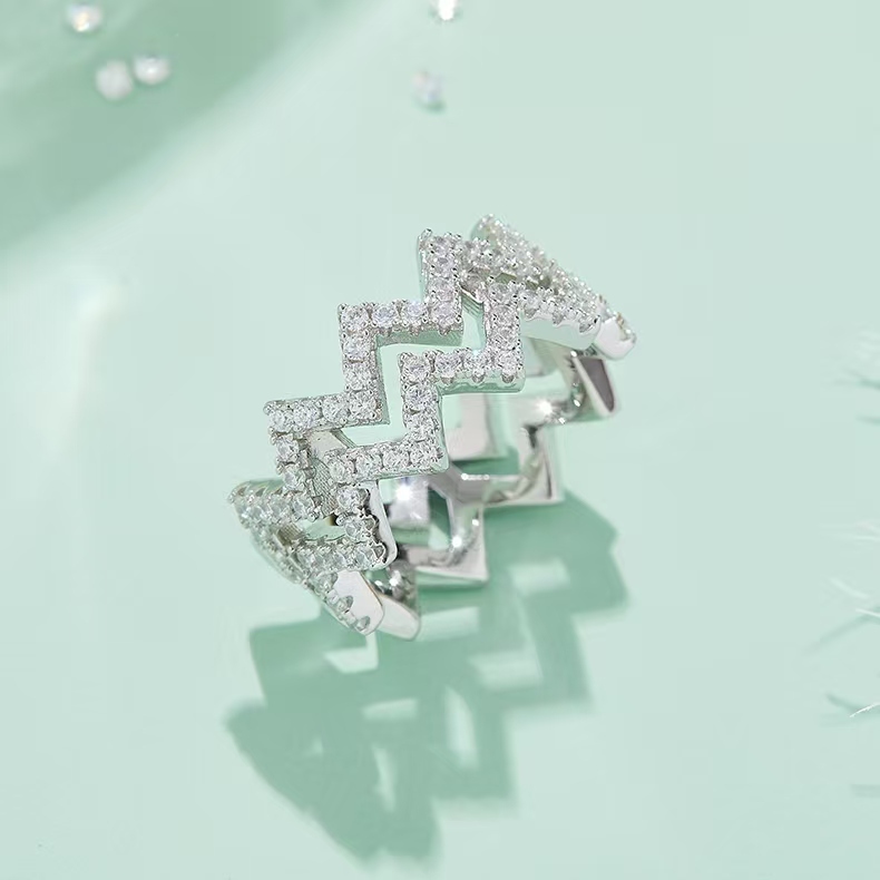 M54B Z-Shape Stackable Ring Set, S925 Silver Plated with White Gold, Moissanite Accent Stones