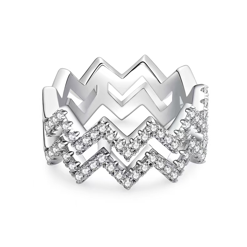 M54B Z-Shape Stackable Ring Set, S925 Silver Plated with White Gold, Moissanite Accent Stones
