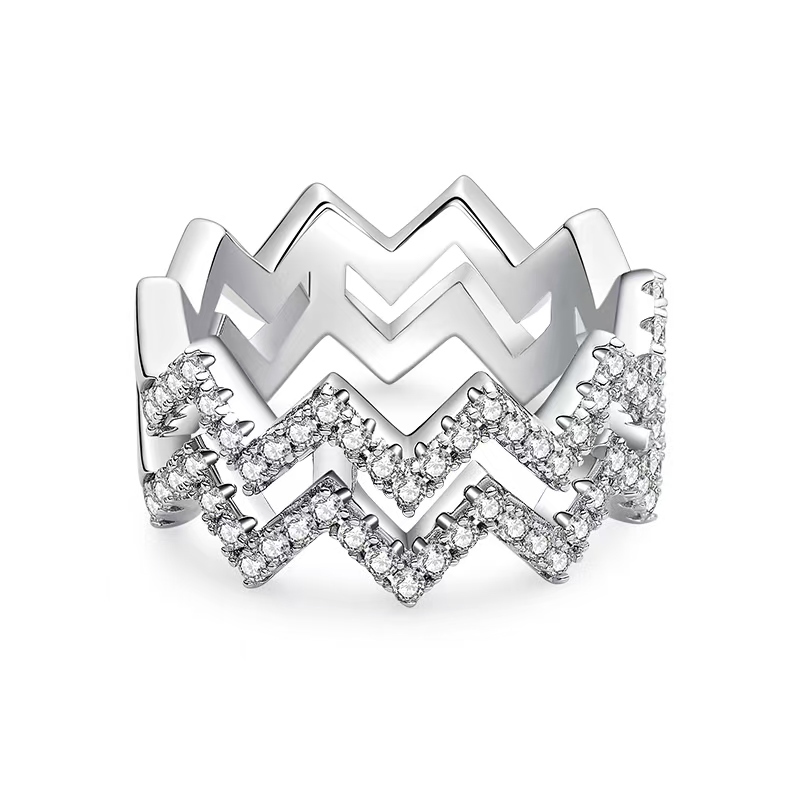 M54B Z-Shape Stackable Ring Set, S925 Silver Plated with White Gold, Moissanite Accent Stones