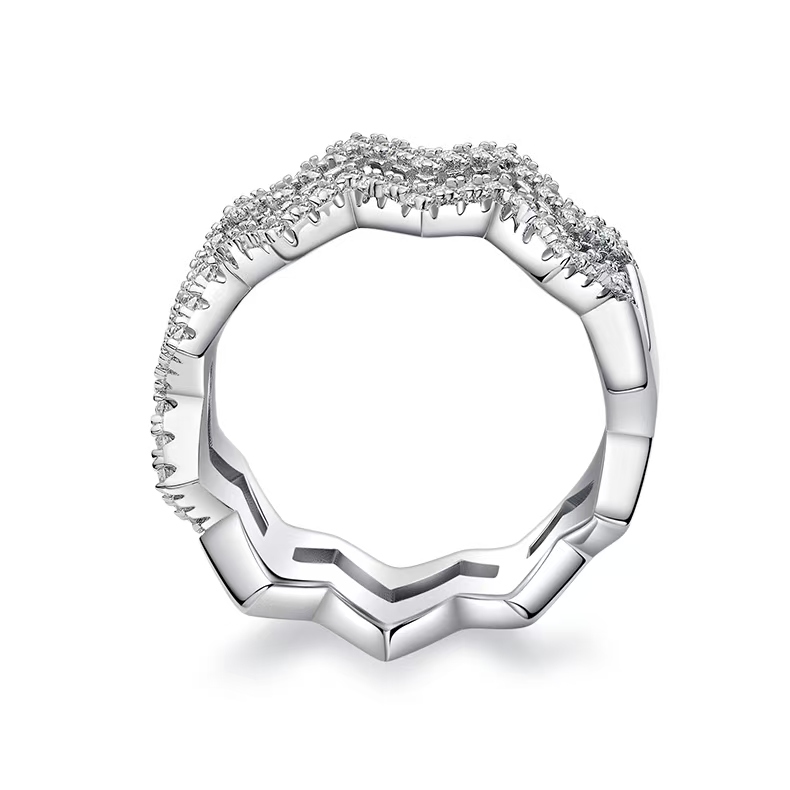 M54B Z-Shape Stackable Ring Set, S925 Silver Plated with White Gold, Moissanite Accent Stones
