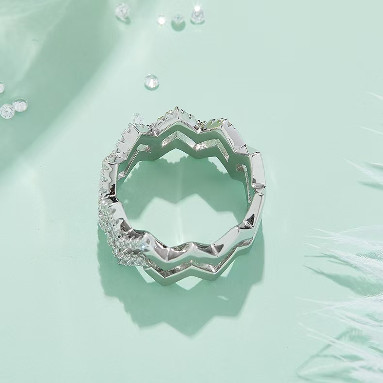 M54B Z-Shape Stackable Ring Set, S925 Silver Plated with White Gold, Moissanite Accent Stones