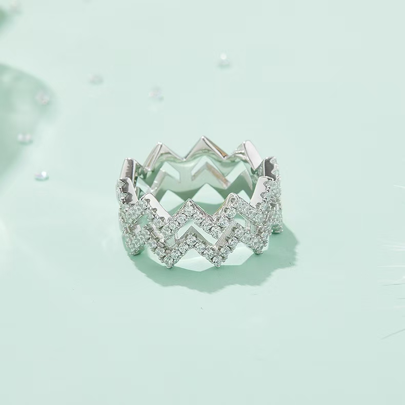 M54B Z-Shape Stackable Ring Set, S925 Silver Plated with White Gold, Moissanite Accent Stones