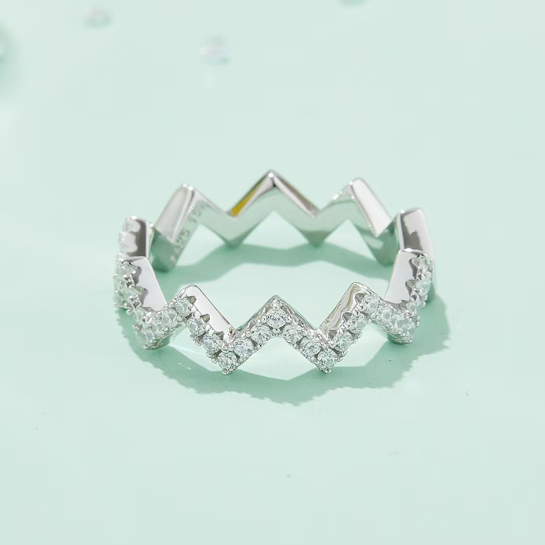 M54A Z-Shape Guard Ring, S925 Silver Plated with White Gold, Moissanite Accent Stones