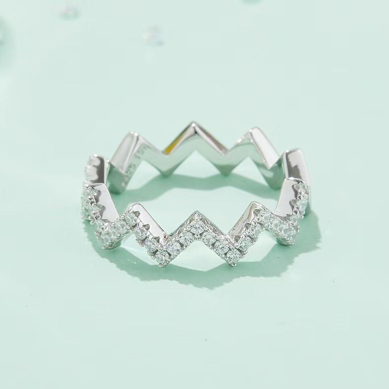 M54A Z-Shape Guard Ring, S925 Silver Plated with White Gold, Moissanite Accent Stones