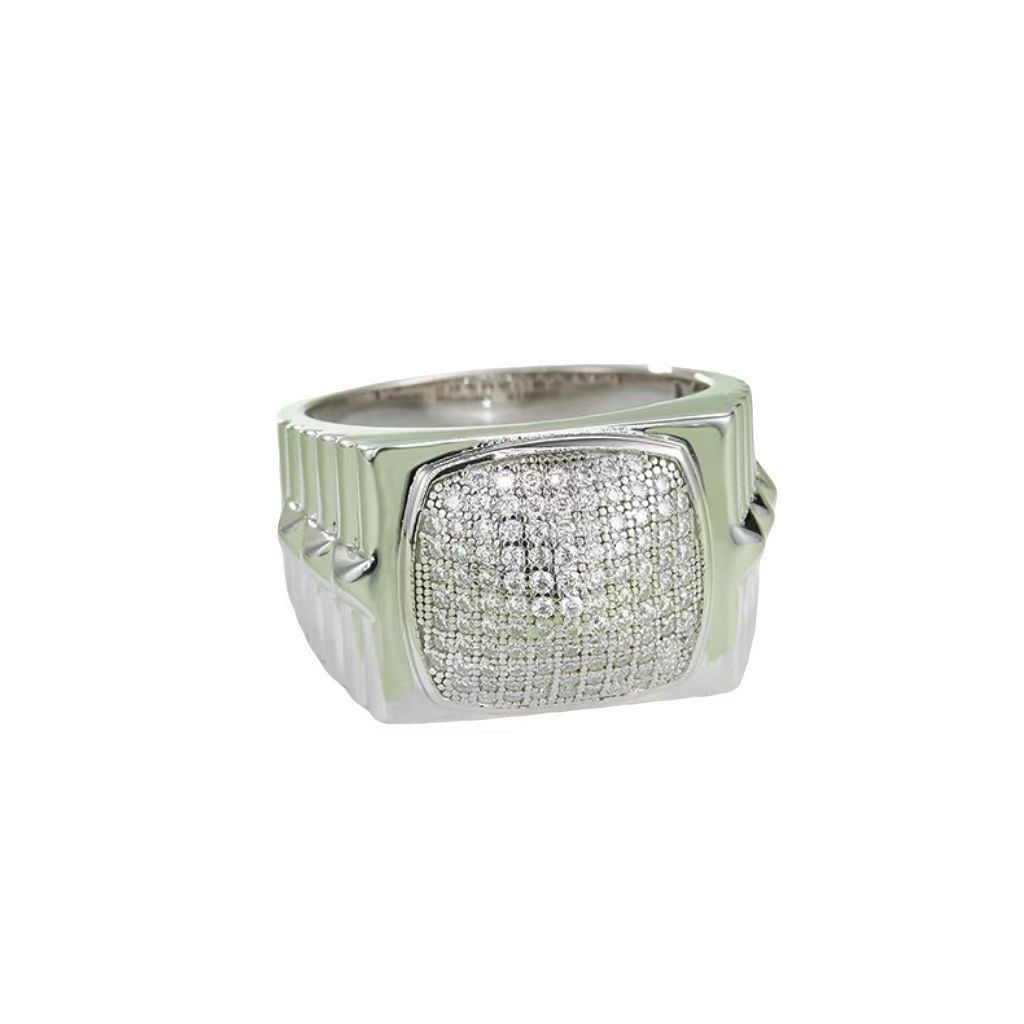 M86B Heavy Inlay S925 Silver Plated White Gold Moissanite Men's Ring, D-Grade Diamond, 70 Points