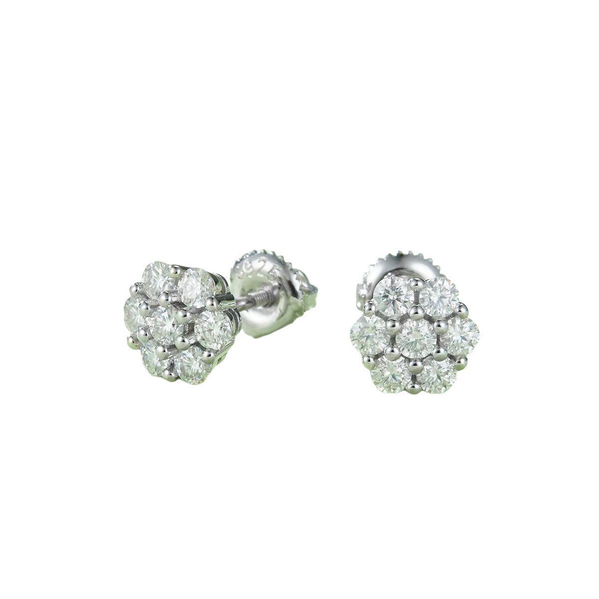J015A Round Plum Blossom S925 Silver Earrings with Thread, Moissanite & D-Colour 0.84ct Diamond