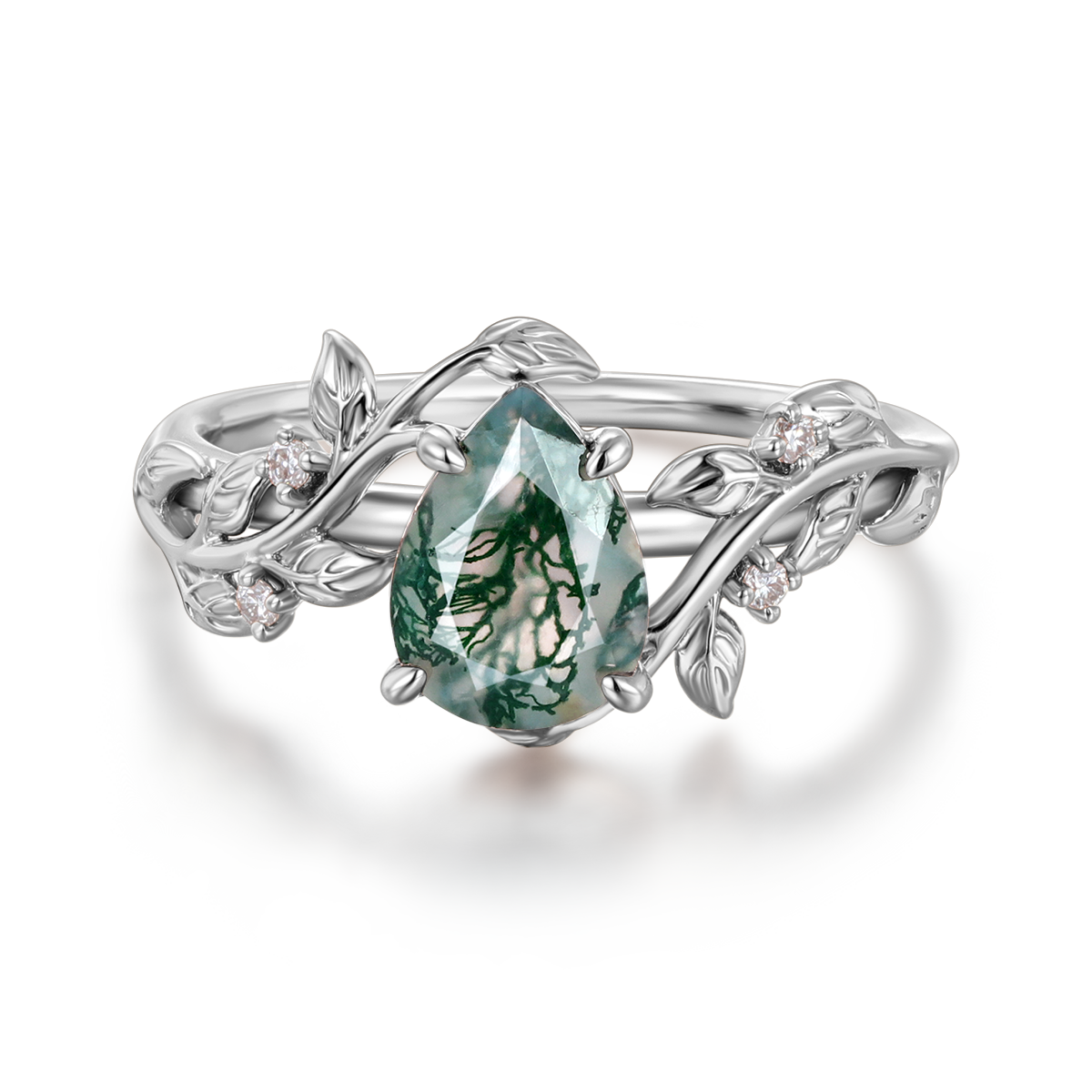 Leaf Nature-Inspired Pear-Shaped Moss Agate Ring in 14K Rose Gold – Unique Engagement Ring for Women