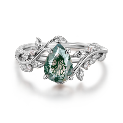 Leaf Nature-Inspired Pear-Shaped Moss Agate Ring in 14K Rose Gold – Unique Engagement Ring for Women