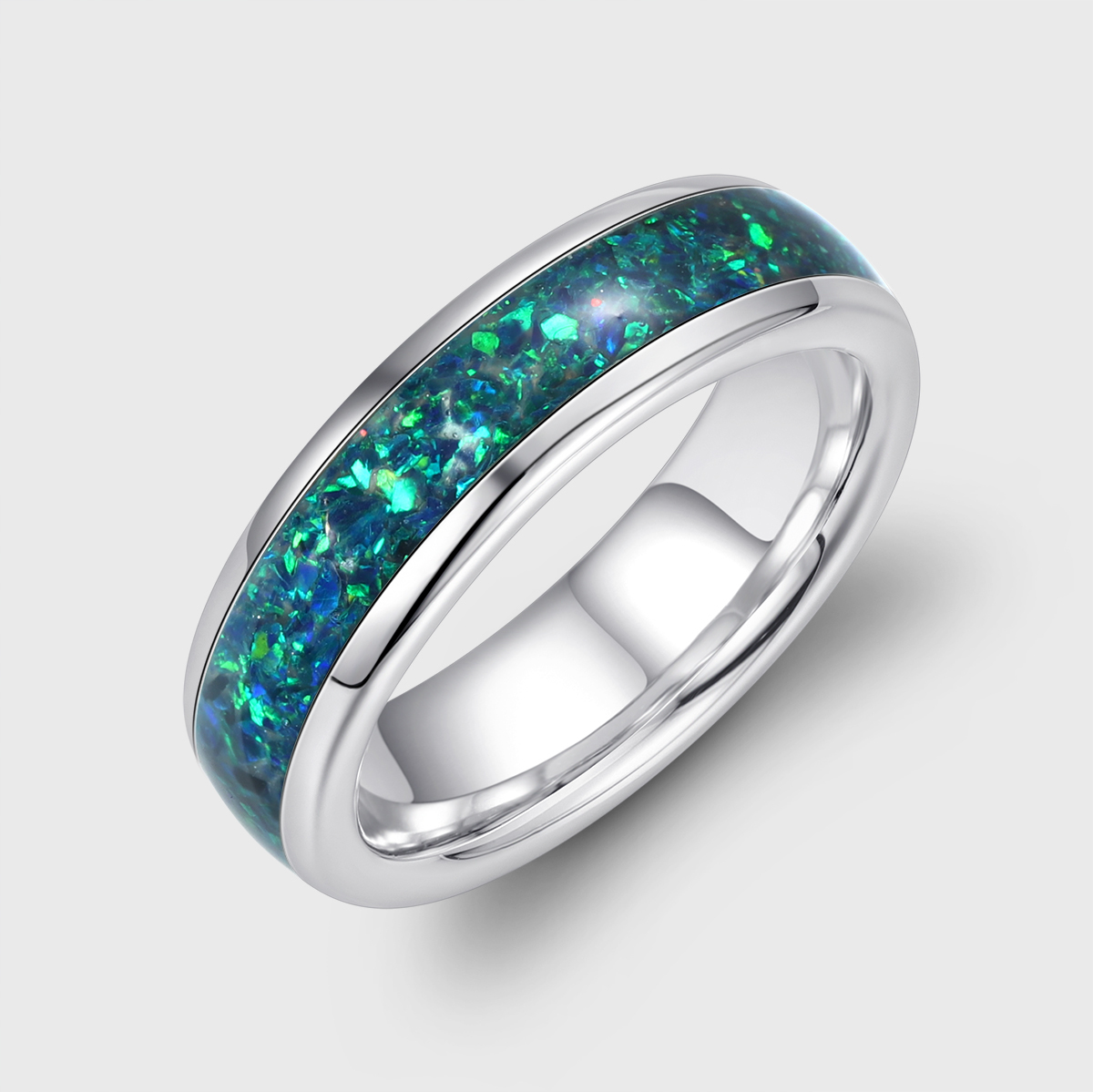 Black Gold Wedding Ring Green Opal Ring Unique Anniversary Ring Sterling Silver Wedding Band Comfort Fit
