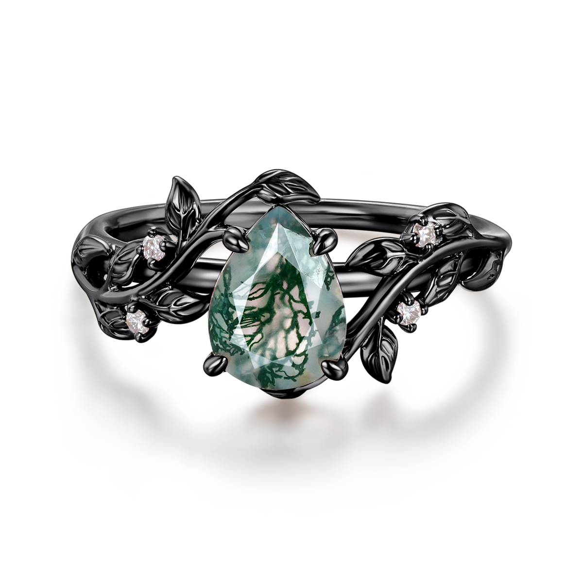 Leaf Nature-Inspired Pear-Shaped Moss Agate Ring in 14K Rose Gold – Unique Engagement Ring for Women