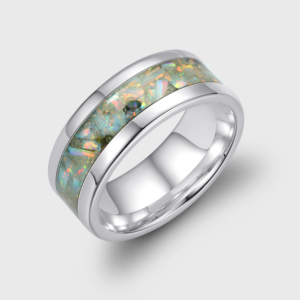 His and Hers Wedding Band, Crushed Opal Ring, 8mm & 6mm&4mm Silver Ring Set, Couples Ring, Polish, Dome, Comfort Fit