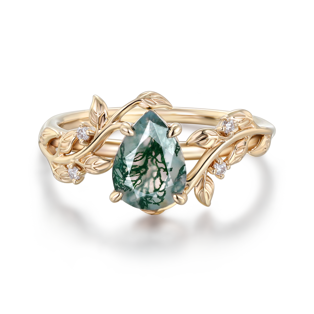 Leaf Nature-Inspired Pear-Shaped Moss Agate Ring in 14K Rose Gold – Unique Engagement Ring for Women