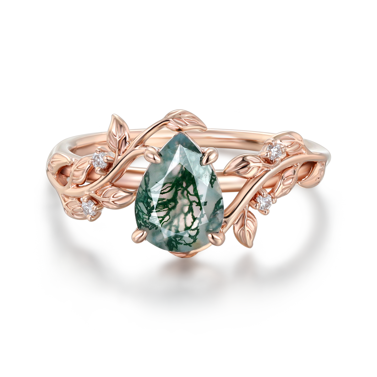 Leaf Nature-Inspired Pear-Shaped Moss Agate Ring in 14K Rose Gold – Unique Engagement Ring for Women