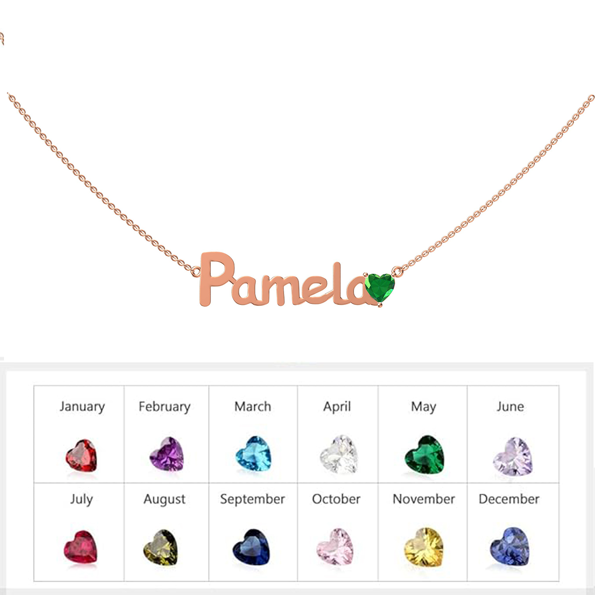 Custom Heart Cut Birthstone Name Necklace in Sterling Silver – Personalized Jewelry Gift for Her
