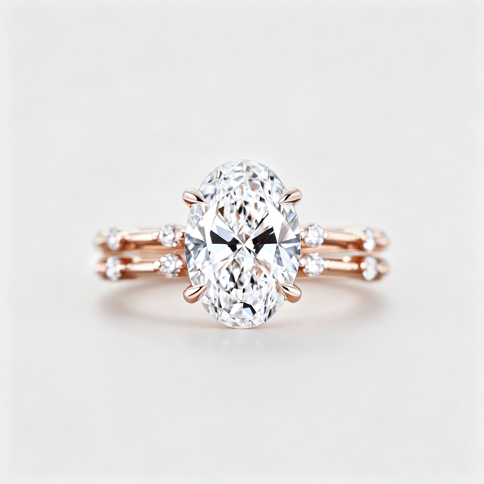 3CT Oval Lab Grown Diamond Engagement Ring Unique 14K Rose Gold  Half Eternity Wedding Ring