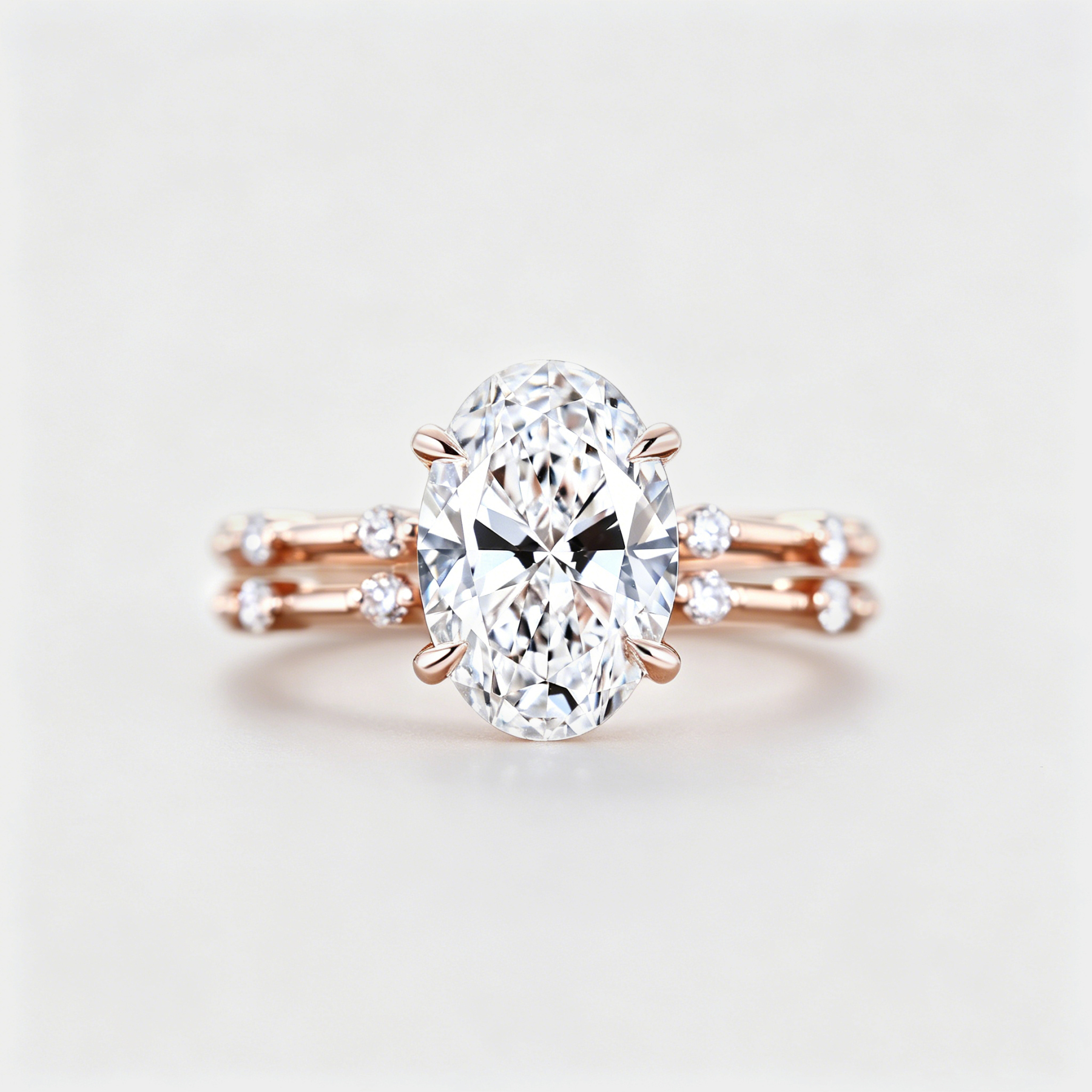 3CT Oval Lab Grown Diamond Engagement Ring Unique 14K Rose Gold  Half Eternity Wedding Ring