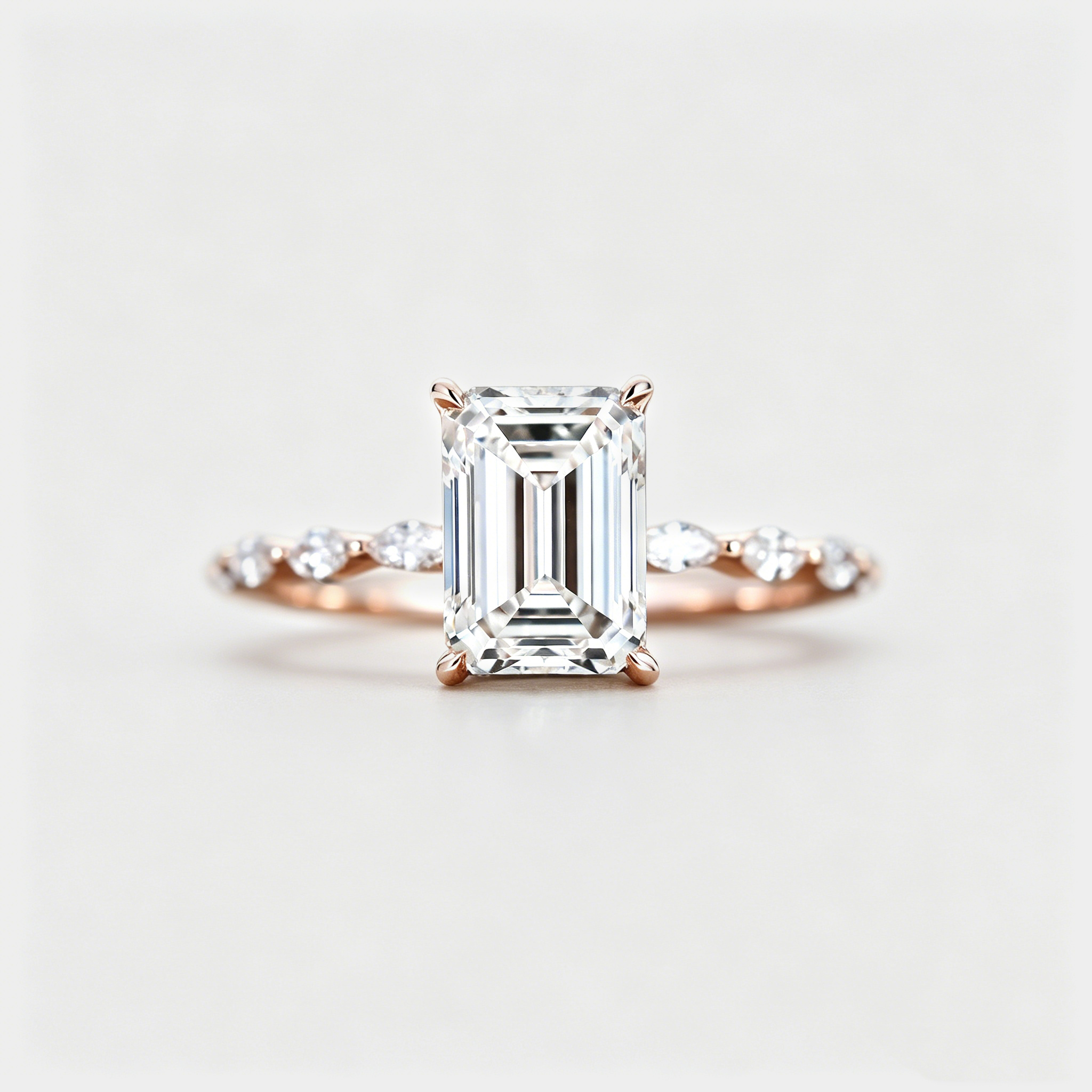 2CT Emerald cut Lab Grown Diamond Engagement Ring - Unique 14K Rose Gold Ring