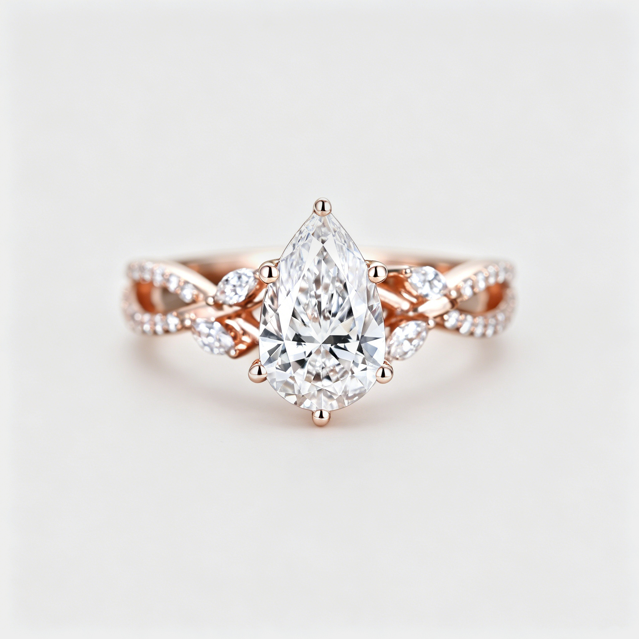 Pear Shaped Lab Grown Diamond Twisted Shank Ring - Rose Golg