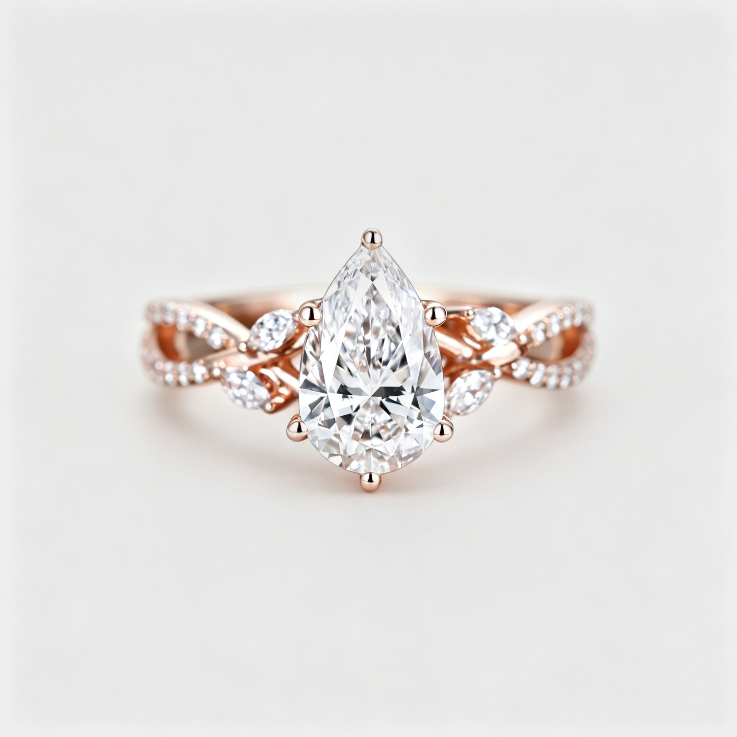 Pear Shaped Lab Grown Diamond Twisted Shank Ring - Rose Golg