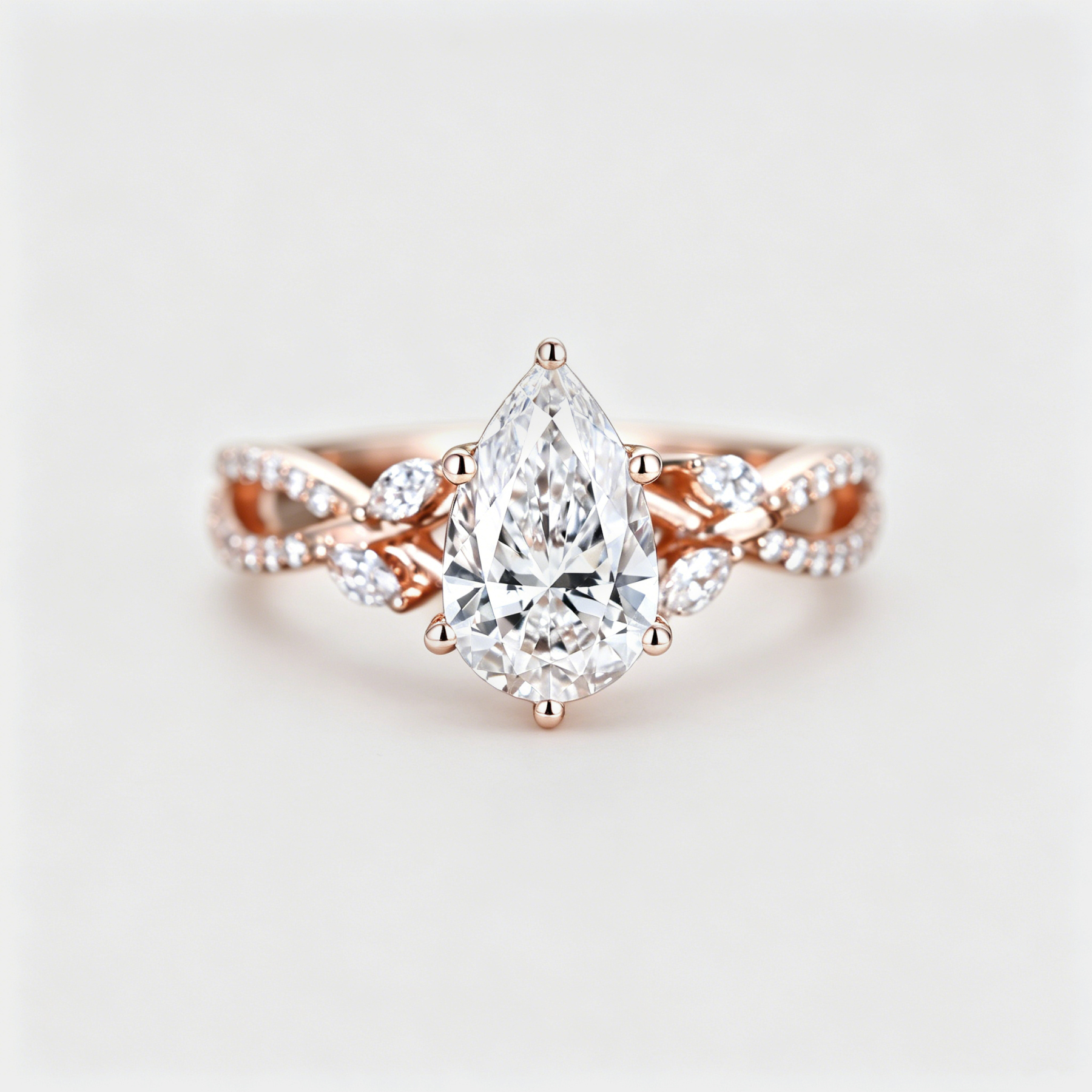 Pear Shaped Lab Grown Diamond Twisted Shank Ring - Rose Golg