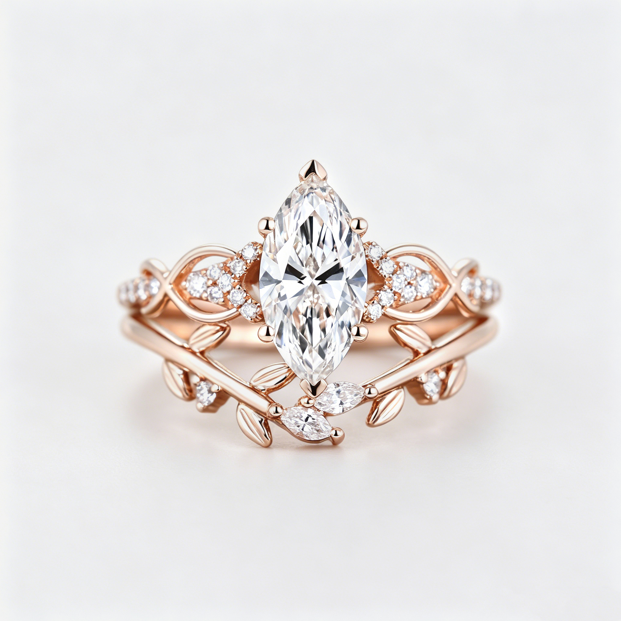Marquise Cut Lab Grown Diamond Engagement Ring Wedding Set In Rose Gold