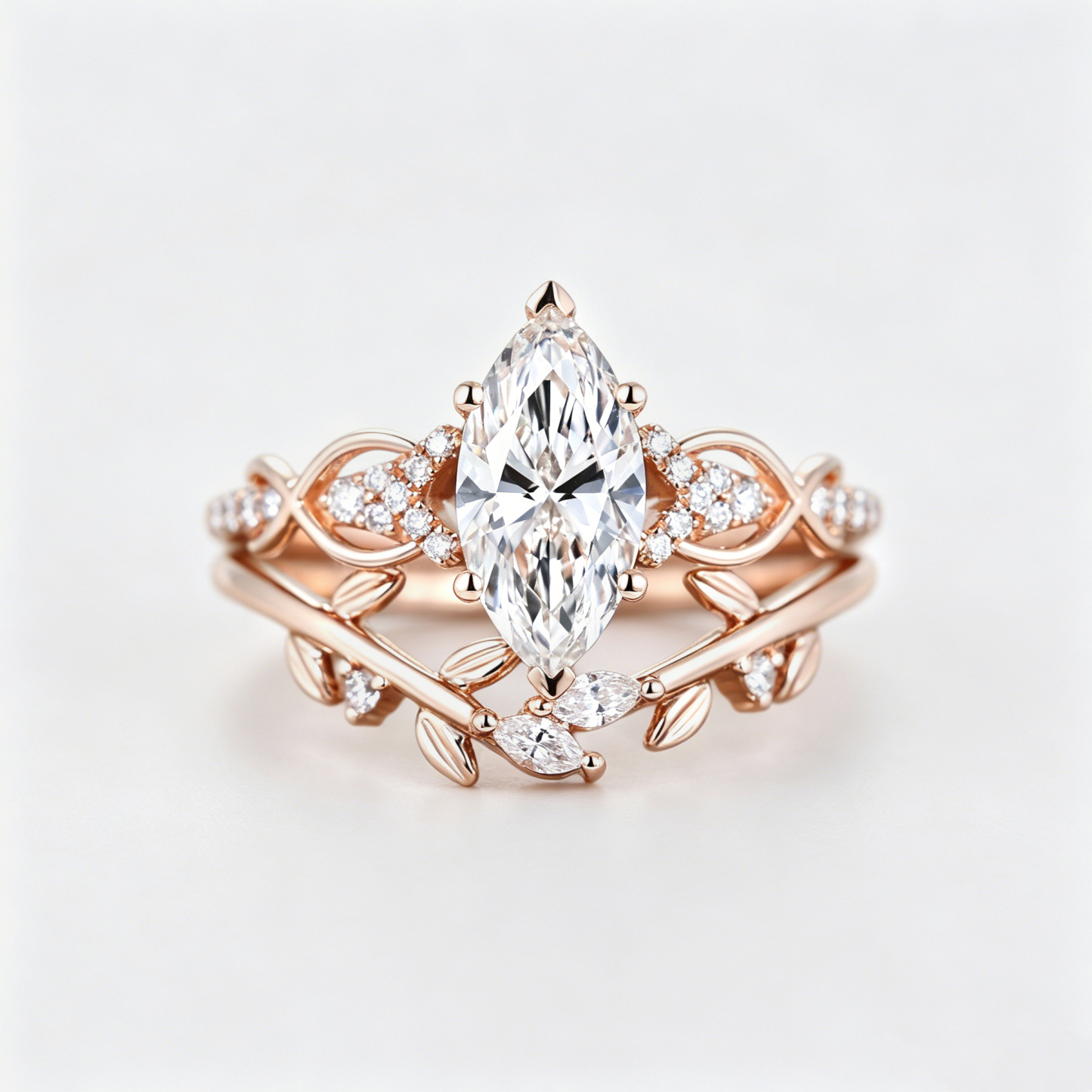Marquise Cut Lab Grown Diamond Engagement Ring Wedding Set In Rose Gold
