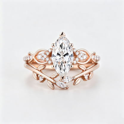 Marquise Cut Lab Grown Diamond Engagement Ring Wedding Set In Rose Gold
