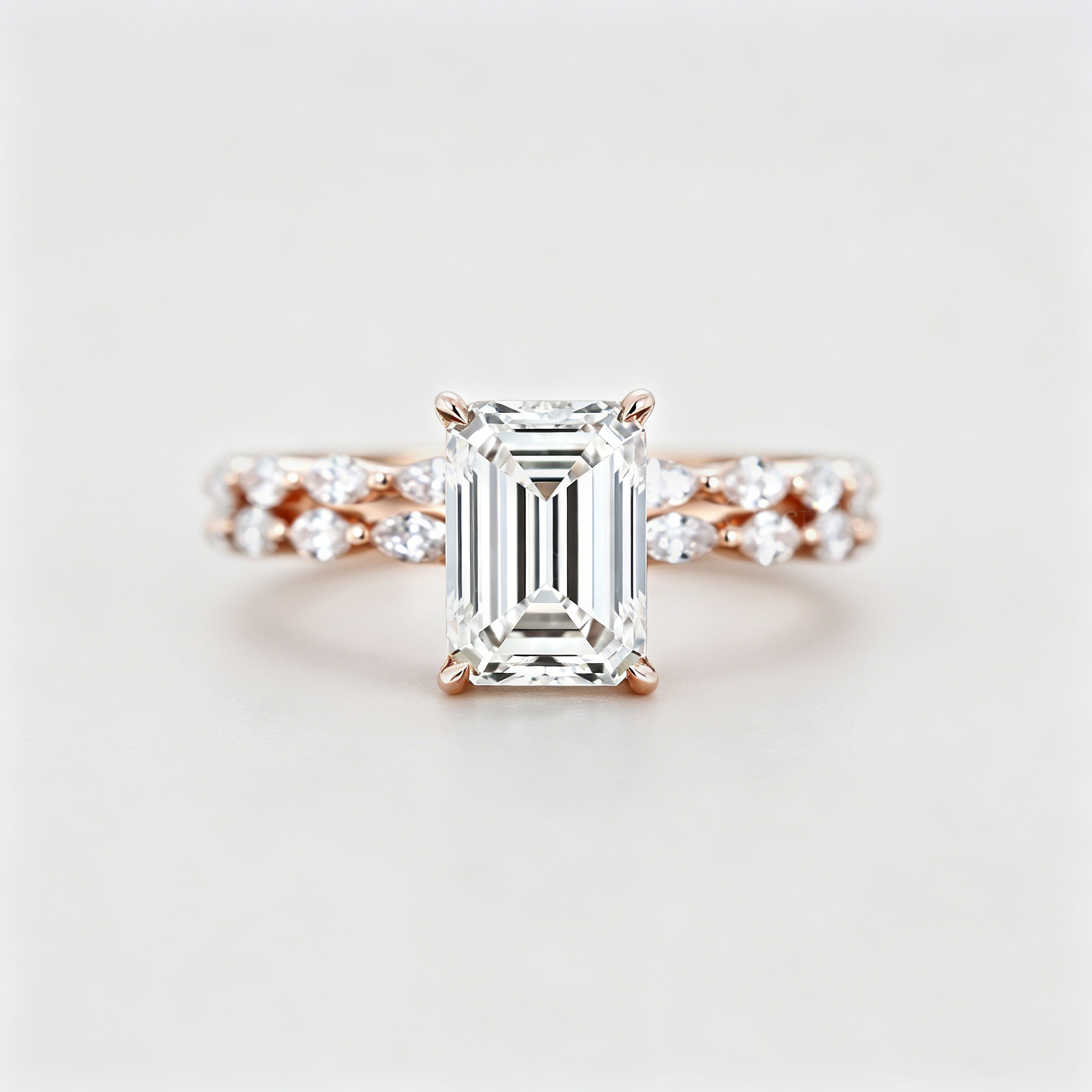Vintage Rose Gold Emerald Cut Lab Grown Diamond Engagement Ring Bridal Set Gift for her