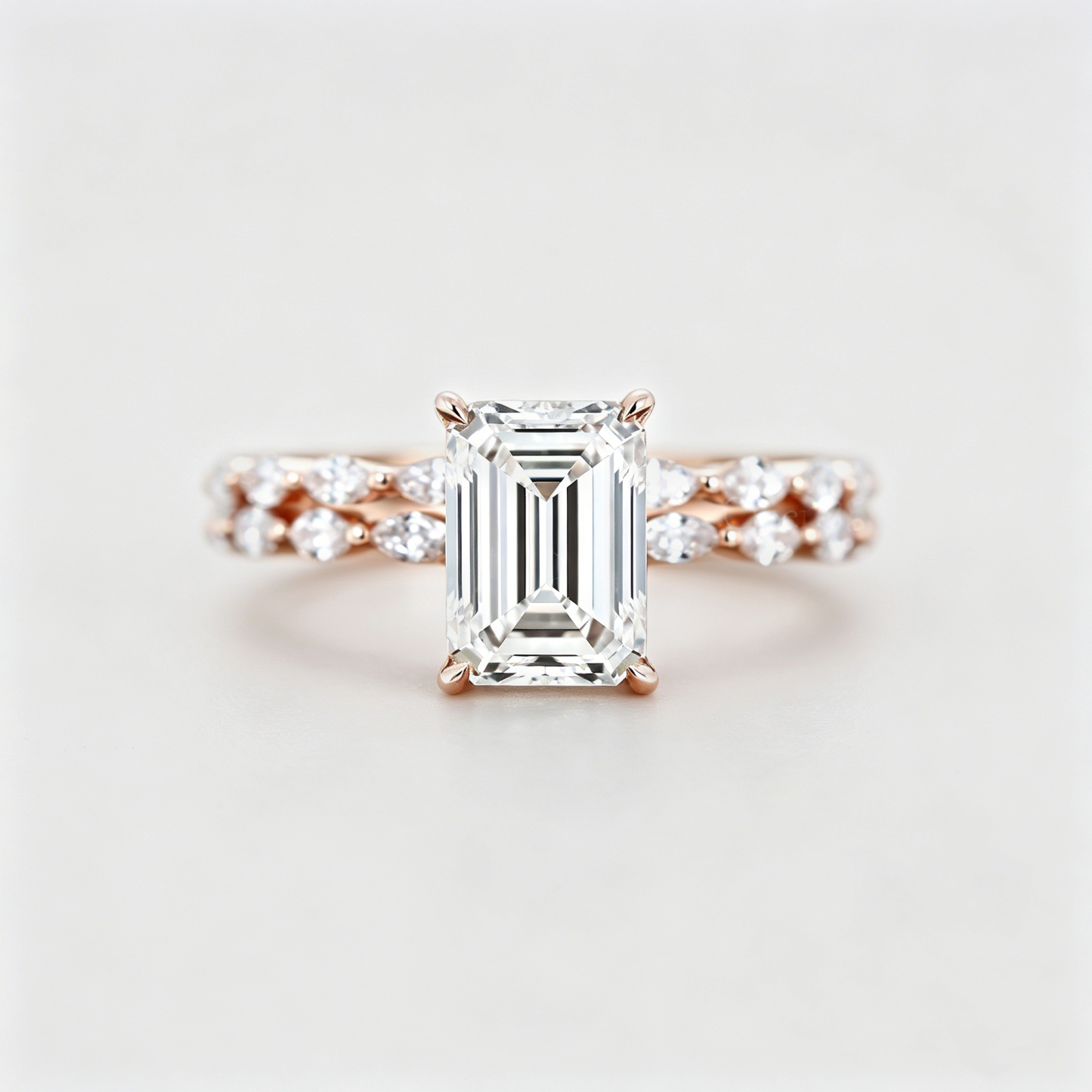 Vintage Rose Gold Emerald Cut Lab Grown Diamond Engagement Ring Bridal Set Gift for her